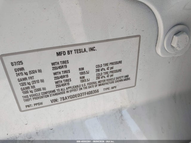 Aukcja sprzedaży 2026 Tesla Model Y Premium Rear-wheel Drive/rear-wheel Drive, vin: 7SAYGDED3TF408356, numer aukcji: 45302261
