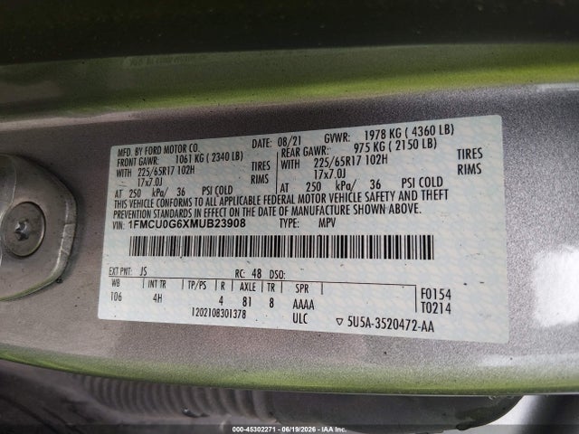 1FMCU0G6XMUB23908 Ford ESCAPE SE