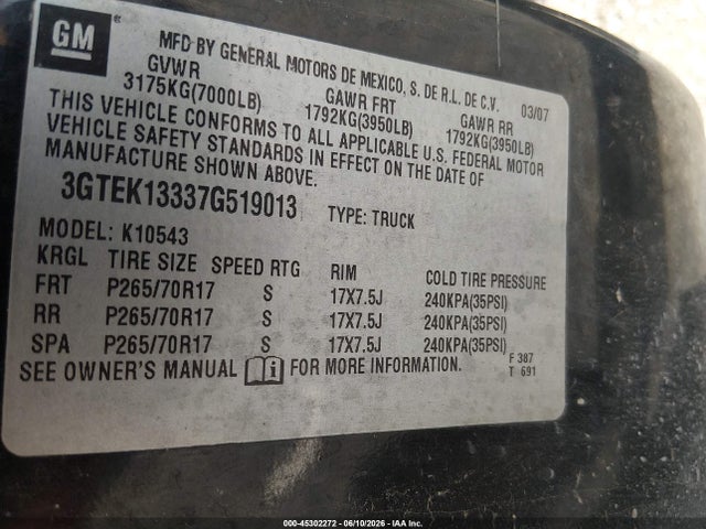 45302272 :رقم المزاد ، 3GTEK13337G519013 vin ، 2007 Gmc Sierra 1500 Sle1 مزاد بيع