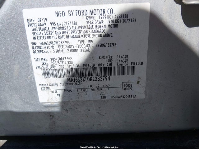 Продаж на аукціоні авто 2019 Ford Ecosport Titanium, vin: MAJ6S3KL0KC283794, номер лоту: 45302289