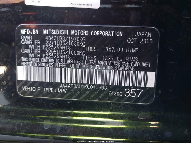 Продаж на аукціоні авто 2019 Mitsubishi Outlander Sport 2.0 Es, vin: JA4AP3AU1KU010593, номер лоту: 45302290