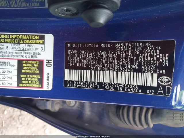 45302294 :رقم المزاد ، 2T1BURHEXEC222446 vin ، 2014 Toyota Corolla S Plus مزاد بيع