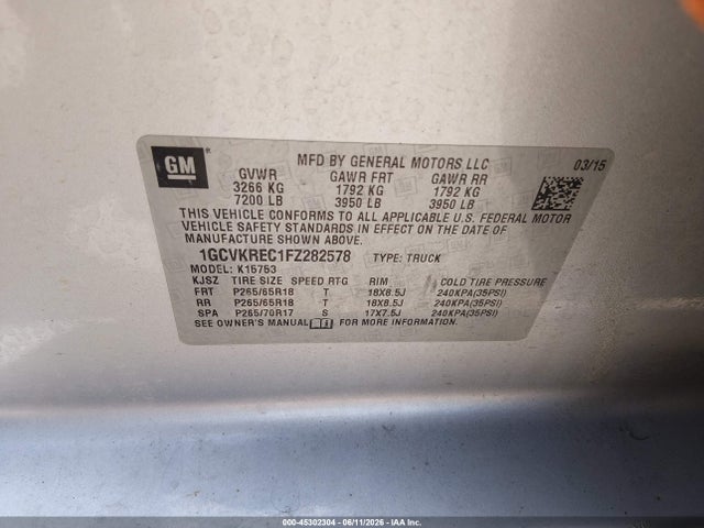 Aukcja sprzedaży 2015 Chevrolet Silverado 1500 2lt, vin: 1GCVKREC1FZ282578, numer aukcji: 45302304