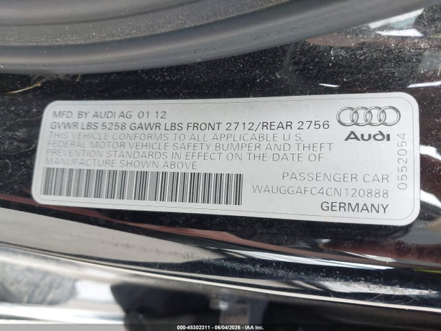 2012 Audi A6 3.0 Premium მანქანა იყიდება აუქციონზე, vin: WAUGGAFC4CN120888, აუქციონის ნომერი: 45302311