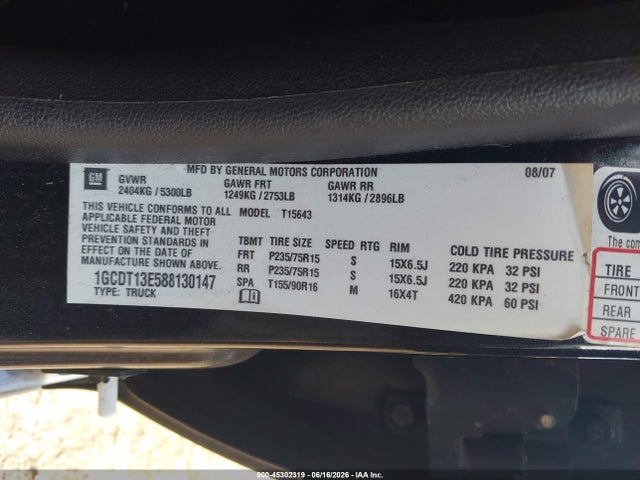 45302319 :رقم المزاد ، 1GCDT13E588130147 vin ، 2008 Chevrolet Colorado Lt مزاد بيع