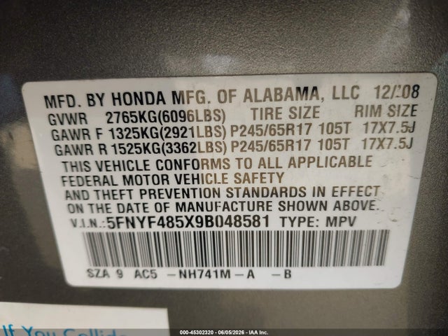 Продажа на аукционе авто 2009 Honda Pilot Ex-l, vin: 5FNYF485X9B048581, номер лота: 45302320