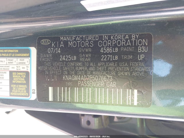 45302323 :رقم المزاد ، KNAGM4AD7E5076673 vin ، 2014 Kia Optima Hybrid Lx مزاد بيع
