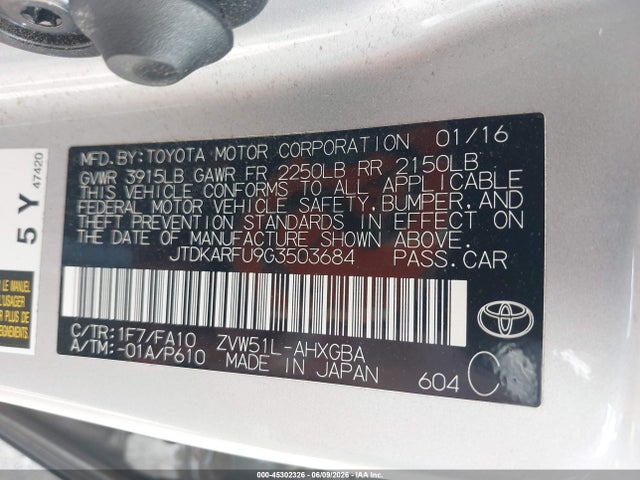 Aukcja sprzedaży 2016 Toyota Prius Three, vin: JTDKARFU9G3503684, numer aukcji: 45302326