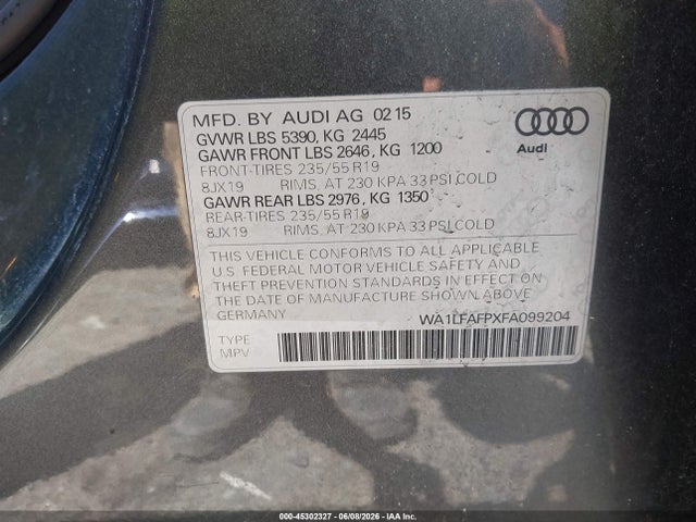 Продаж на аукціоні авто 2015 Audi Q5 2.0t Premium, vin: WA1LFAFPXFA099204, номер лоту: 45302327