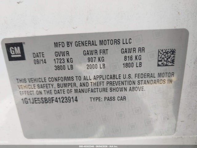 Продажа на аукционе авто 2015 Chevrolet Sonic Ltz Auto, vin: 1G1JE5SB8F4123914, номер лота: 45302346