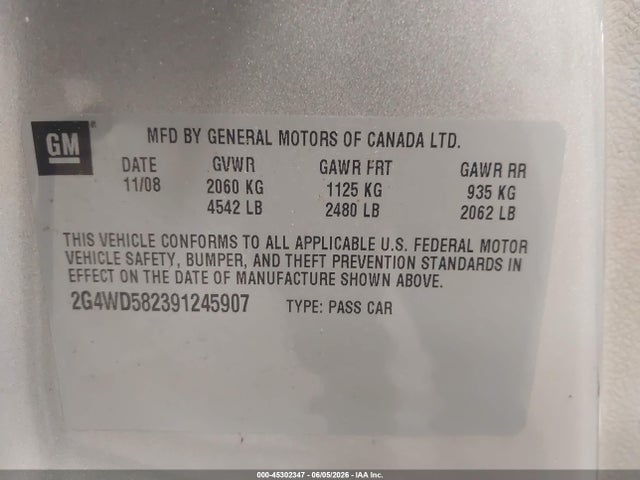 Aukcja sprzedaży 2009 Buick Lacrosse Cxl, vin: 2G4WD582391245907, numer aukcji: 45302347