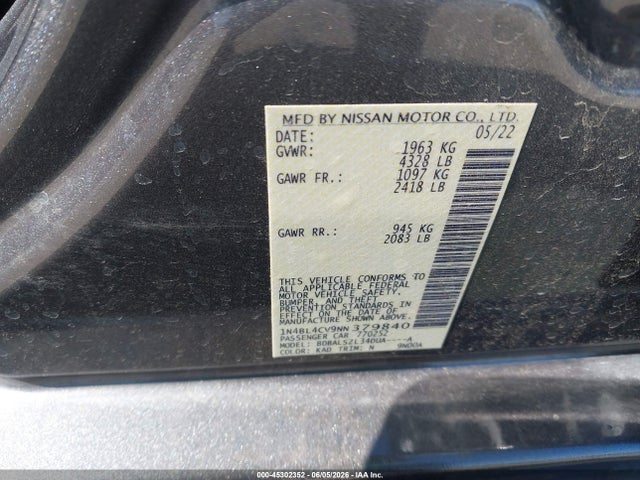 Aukcja sprzedaży 2022 Nissan Altima Sr Fwd, vin: 1N4BL4CV9NN379840, numer aukcji: 45302352