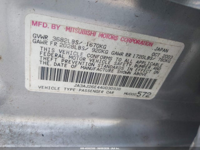 Aukcja sprzedaży 2004 Mitsubishi Lancer Es, vin: JA3AJ26E44U030938, numer aukcji: 45302355