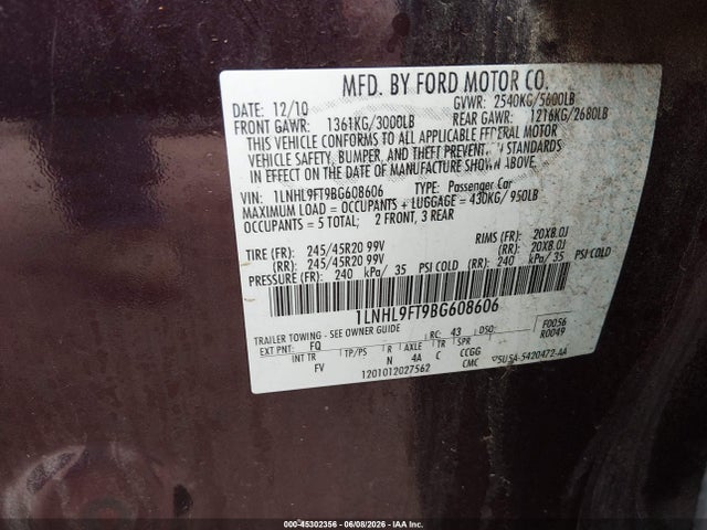 2011 Lincoln Mks Ecoboost მანქანა იყიდება აუქციონზე, vin: 1LNHL9FT9BG608606, აუქციონის ნომერი: 45302356