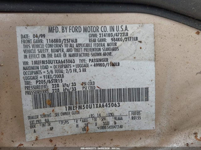 Продаж на аукціоні авто 1999 Mercury Sable Gs, vin: 1MEFM50U1XA645063, номер лоту: 45302373