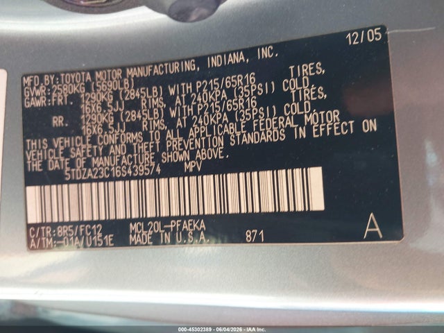 45302389 :رقم المزاد ، 5TDZA23C16S439574 vin ، 2006 Toyota Sienna Le مزاد بيع