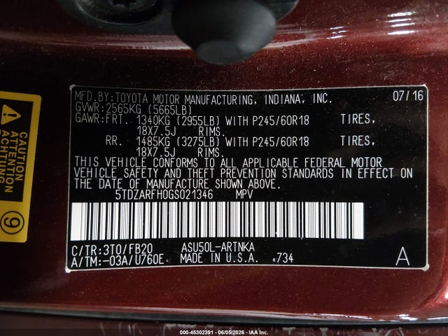 Продаж на аукціоні авто 2016 Toyota Highlander Le, vin: 5TDZARFH0GS021346, номер лоту: 45302391