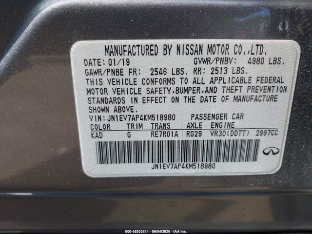 Продаж на аукціоні авто 2019 Infiniti Q50 3.0t Luxe, vin: JN1EV7AP4KM518980, номер лоту: 45302411