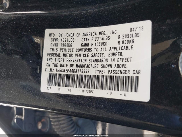 45302425 :رقم المزاد ، 1HGCR2F86DA176368 vin ، 2013 Honda Accord Ex-l مزاد بيع