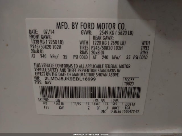 Продаж на аукціоні авто 2014 Lincoln Mkx, vin: 2LMDJ8JK9EBL18699, номер лоту: 45302430