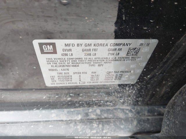 2019 Buick Encore Fwd Preferred მანქანა იყიდება აუქციონზე, vin: KL4CJASB7KB746834, აუქციონის ნომერი: 45302456