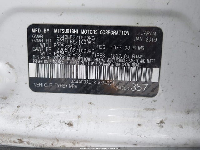 Aukcja sprzedaży 2019 Mitsubishi Outlander Sport 2.0 Le, vin: JA4AR3AU4KU024661, numer aukcji: 45302468