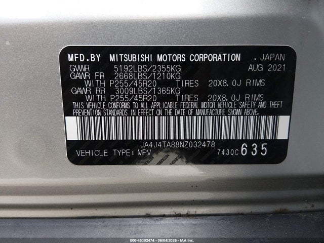 Aukcja sprzedaży 2022 Mitsubishi Outlander Es 2.5 S-awc, vin: JA4J4TA88NZ032478, numer aukcji: 45302474