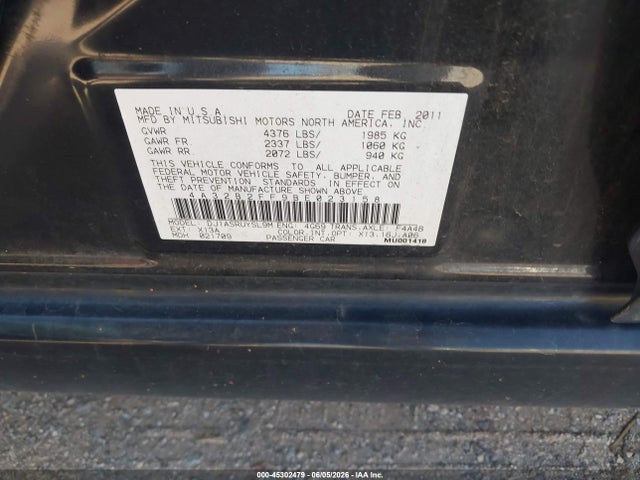 Aukcja sprzedaży 2011 Mitsubishi Galant Fe, vin: 4A32B2FF9BE023158, numer aukcji: 45302479