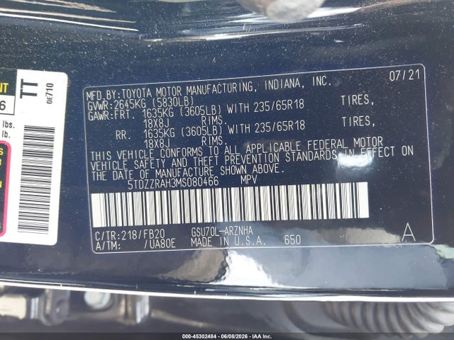 5TDZZRAH3MS080466 Toyota Highlander Le