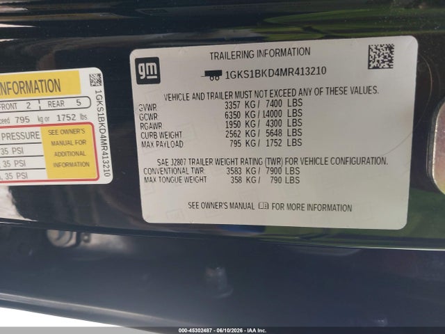45302487 :رقم المزاد ، 1GKS1BKD4MR413210 vin ، 2021 Gmc Yukon 2wd Slt مزاد بيع