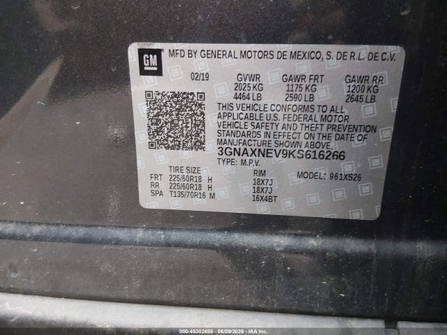 Aukcja sprzedaży 2019 Chevrolet Equinox Premier, vin: 3GNAXNEV9KS616266, numer aukcji: 45302488