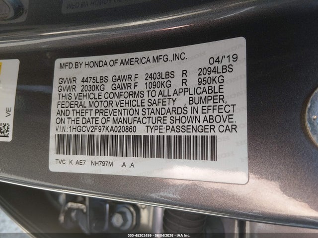 1HGCV2F97KA020860 Honda Accord Touring 2.0t