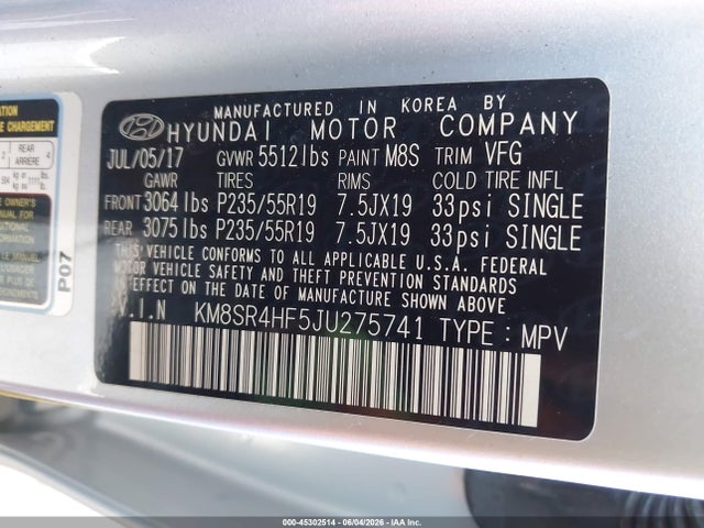 45302514 :رقم المزاد ، KM8SR4HF5JU275741 vin ، 2018 Hyundai Santa Fe Limited Ultimate مزاد بيع
