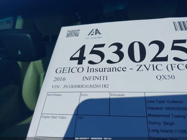 Aukcja sprzedaży 2016 Infiniti Qx50, vin: JN1BJ0RR1GM261182, numer aukcji: 45302517