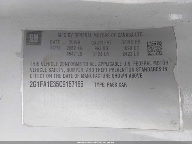 45302519 :رقم المزاد ، 2G1FA1E35C9167165 vin ، 2012 Chevrolet Camaro 2ls مزاد بيع