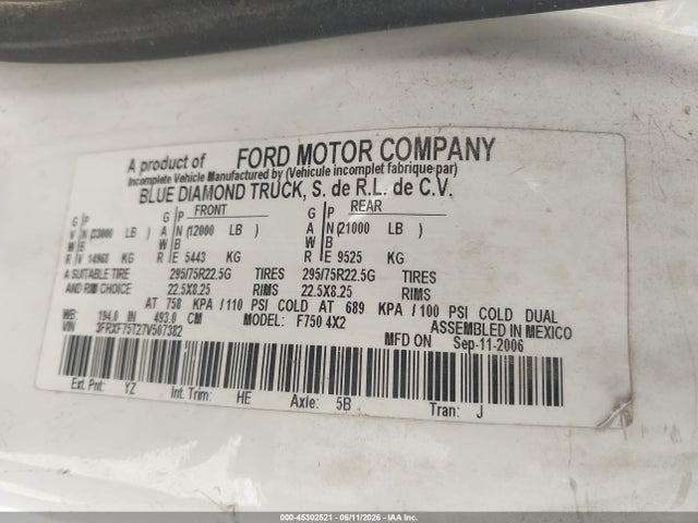 Aukcja sprzedaży 2007 Ford F-750 Xl/xlt, vin: 3FRXF75T27V507382, numer aukcji: 45302521