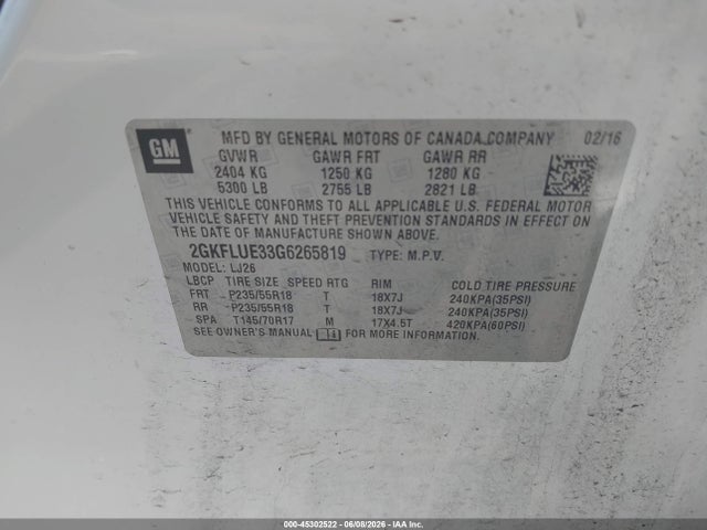 2016 Gmc Terrain Slt მანქანა იყიდება აუქციონზე, vin: 2GKFLUE33G6265819, აუქციონის ნომერი: 45302522