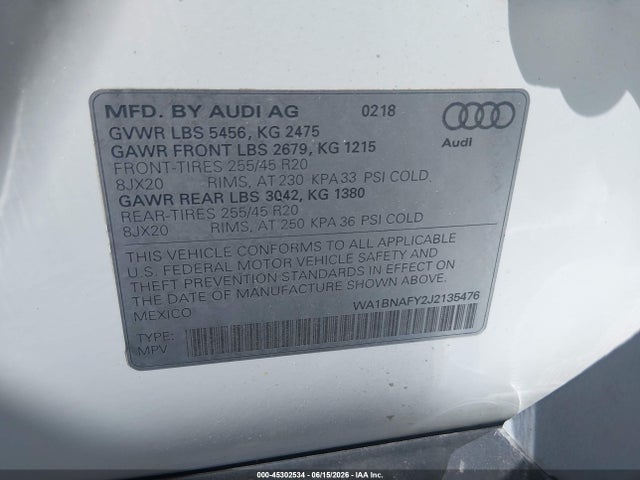 Продажа на аукционе авто 2018 Audi Q5 2.0t Premium/2.0t Tech Premium, vin: WA1BNAFY2J2135476, номер лота: 45302534