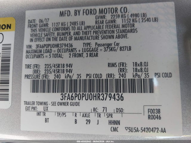 Ford Fusion Energi Se Luxury 2017 3FA6P0PU0HR379436 Image 9
