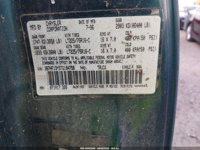 Aukcja sprzedaży 1996 Dodge Ram 1500, vin: 3B7HF13Y5TG194758, numer aukcji: 45302548
