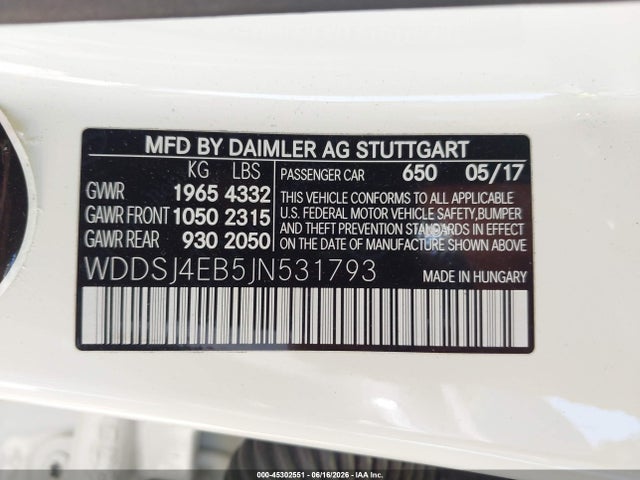 45302551 :رقم المزاد ، WDDSJ4EB5JN531793 vin ، 2018 Mercedes-benz Cla 250 مزاد بيع