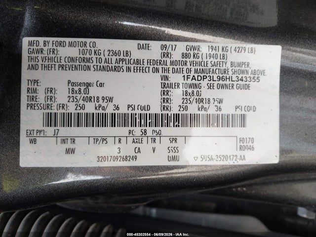 Auction sale of the 2017 Ford Focus St, vin: 1FADP3L96HL343355, lot number: 45302554