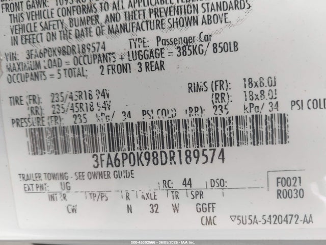 45302566 :رقم المزاد ، 3FA6P0K98DR189574 vin ، 2013 Ford Fusion Titanium مزاد بيع
