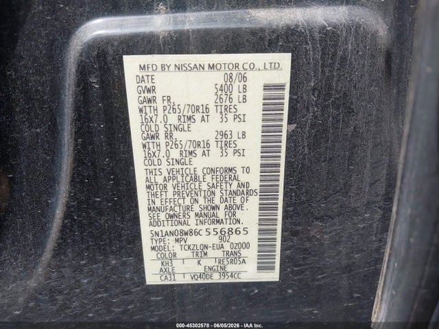 Aukcja sprzedaży 2006 Nissan Xterra X, vin: 5N1AN08W86C556865, numer aukcji: 45302578