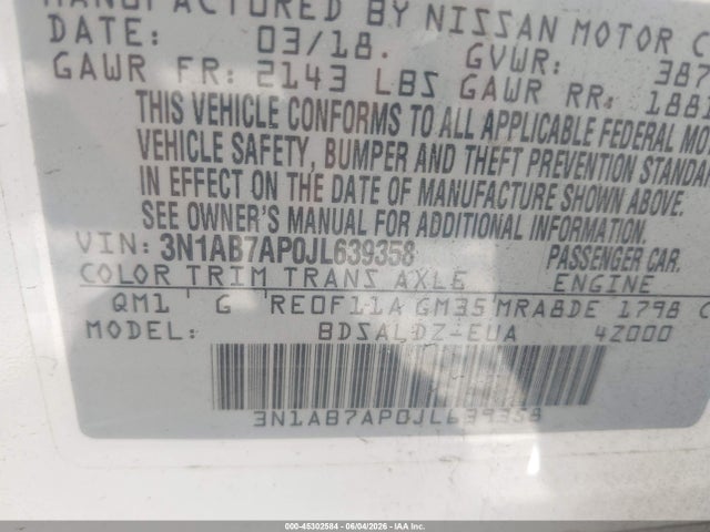 3N1AB7AP0JL639358 Nissan SENTRA SV