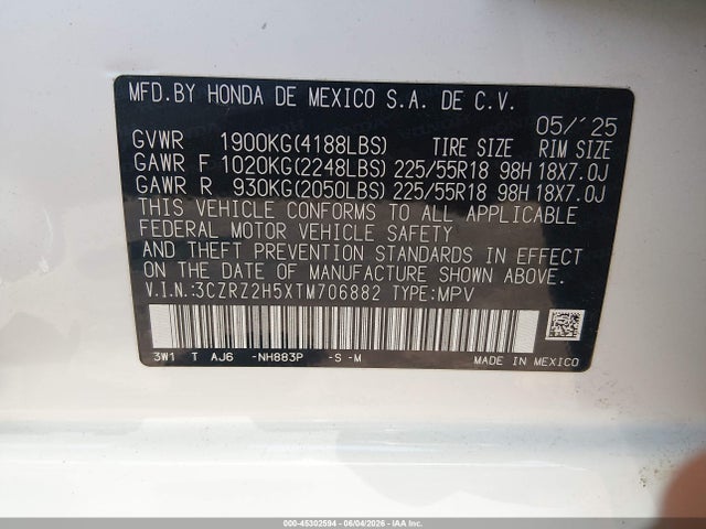 Aukcja sprzedaży 2026 Honda Hr-v Awd Sport, vin: 3CZRZ2H5XTM706882, numer aukcji: 45302594