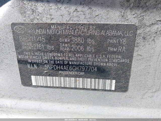 2016 Hyundai Elantra Se მანქანა იყიდება აუქციონზე, vin: 5NPDH4AE6GH797704, აუქციონის ნომერი: 45302616
