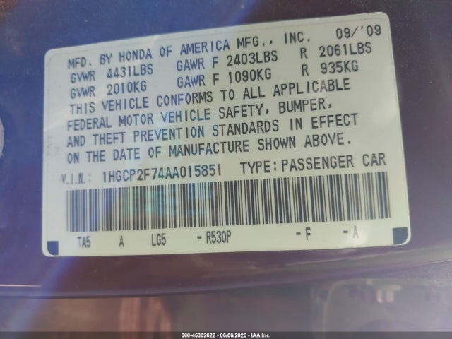 45302622 :رقم المزاد ، 1HGCP2F74AA015851 vin ، 2010 Honda Accord 2.4 Ex مزاد بيع