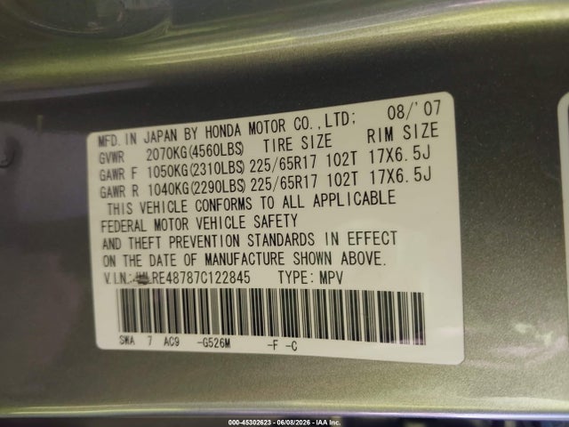 Aukcja sprzedaży 2007 Honda Cr-v Ex-l, vin: JHLRE48787C122845, numer aukcji: 45302623