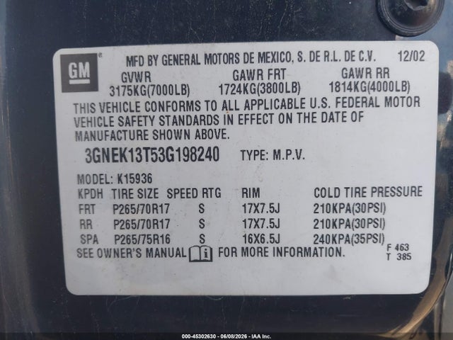 Продаж на аукціоні авто 2003 Chevrolet Avalanche 1500, vin: 3GNEK13T53G198240, номер лоту: 45302630